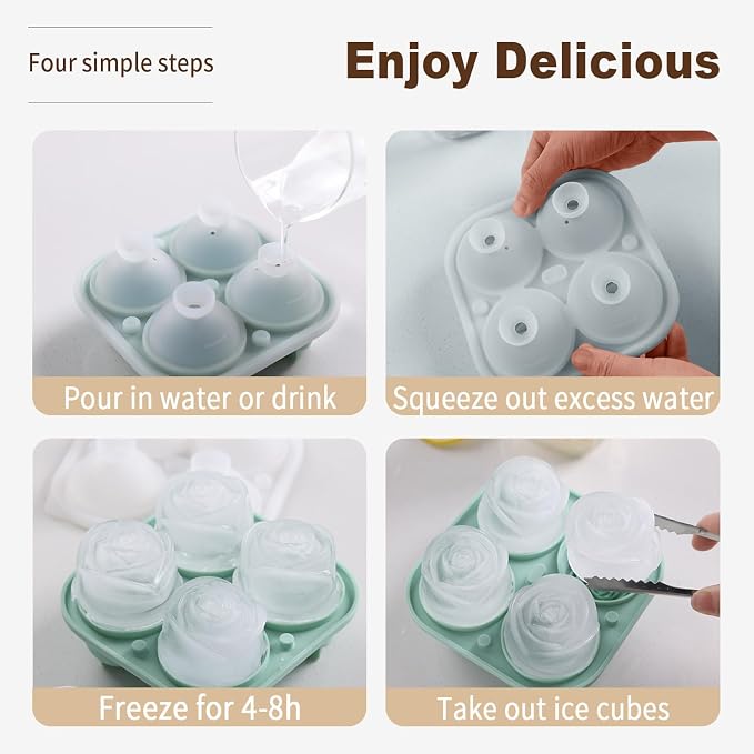 QELEG 2pcs Large Silicone Ice Cube Trays, 2.35 inches Ice Ball Maker with Lids & 2 inches 3D Rose Ice Molds for Gift, Drinks, Coffee, Cocktails, and Whiskey Set of 2, Green, Sphere and Rose
