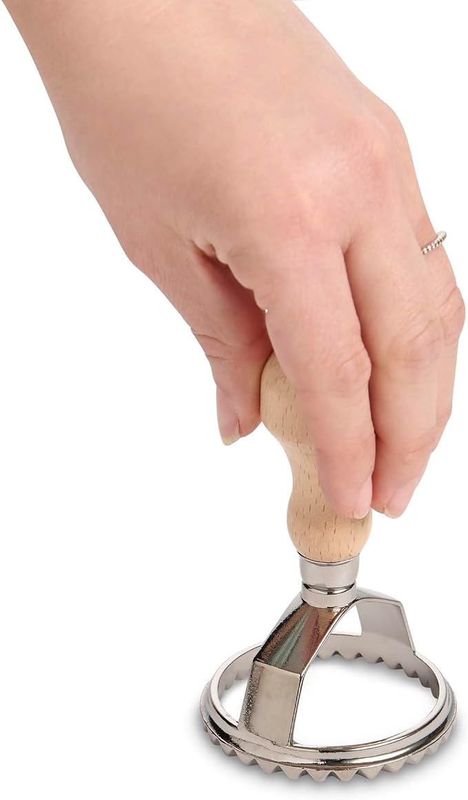 Fantes Ravioli Maker Stamp Set, Round Stamp with Wooden Handle and Fluted Edge, 2.5-Inch, The Italian Market Original since 1906