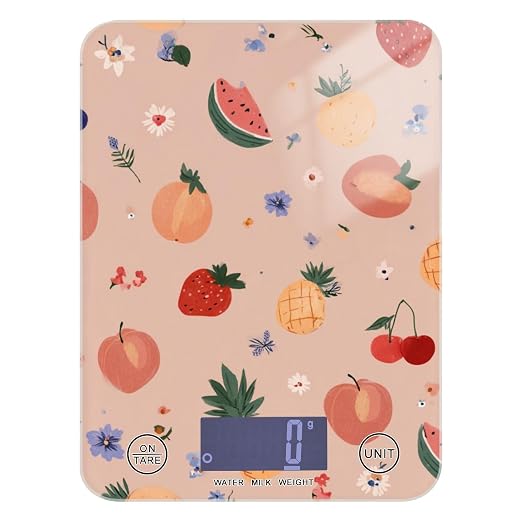 Food Scale Kitchen Digital Scale Food Ounces and Grams Dieting Baking Cooking Waterproof Glass Panels LCD Display,4 Units Scale Tare Function Peach Fruits