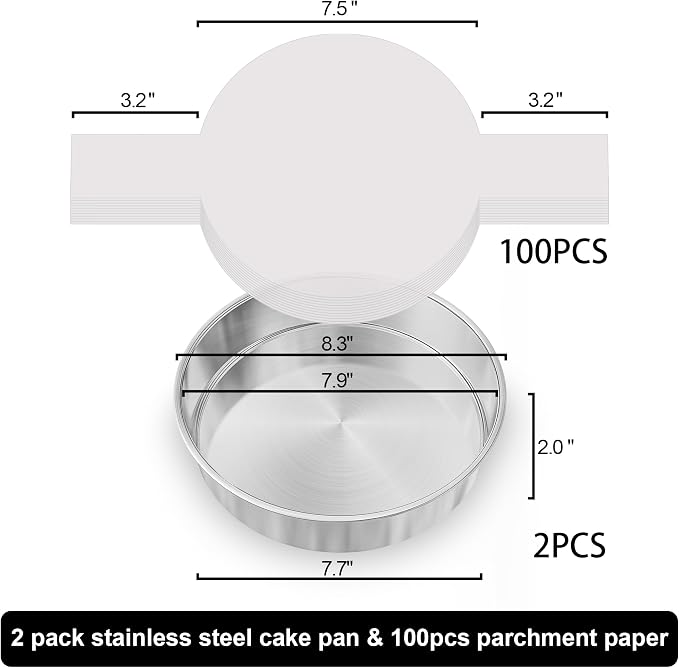 8 Inch Cake Pan Set of 2, Nonstick Stainless Steel Round Layer Cake Baking Pans with 100PCS Parchment Papers, Circle Cake Pan Tins for Birthday Christmas, Healthy & Dishwasher Safe & Easy Clean