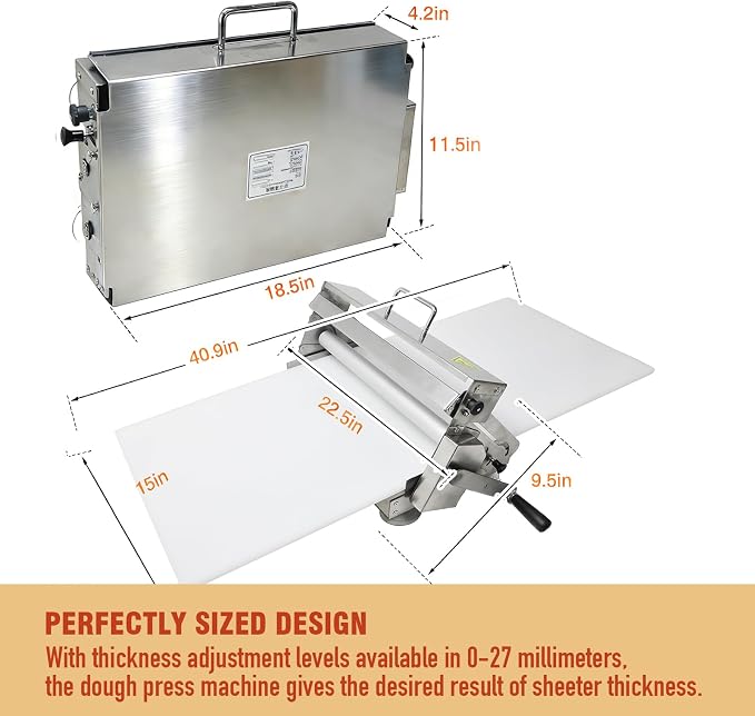 40.9” x 15.5” Manual Folding Dough Sheeter Machine, Portable Stainless Steel Dough Roller with Adjustable Thickness for Pizza, Pastry, Cookie Dough