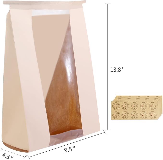 50 Pack Bakery Bags with Window, 13.8 x 9.4 Inch Large Paper Bread Bags for Homemade Bread, Tin Tie Tab Lock Brown Window Bag for Toast, Cookie, Loaf, Candy, Nuts