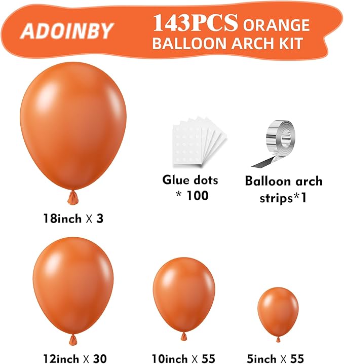 Orange Balloon Arch Kit, 143Pcs Matte Orange Latex Balloon Garland kit, 18 12 10 5 Inch Different Size Balloons for Thanksgiving Day Fall Theme Party Birthday Halloween Anniversary Decorations