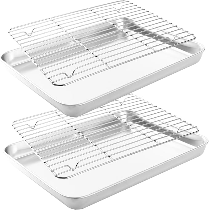 Quarter Deep Cookie Baking Sheet Pans with Cooling Wire Rest Rack Sets Pure 18/8 (304) Stainless Steel Small Serving Trays 12.4 x9.6 x1.1Inch Dishwasher Safe 2Pans & 2Racks