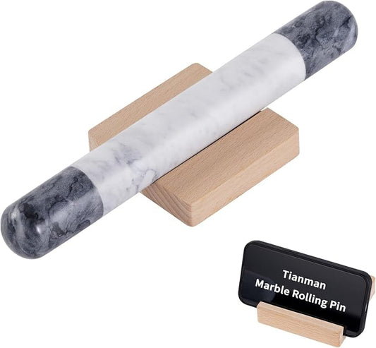 Tianman French Marble Rolling Pin.12 Inchs Marble Rolling Pin for Baking With Wooden Base Holder Stand-Non-Stick Baking Roller for Baking Fondant, Pizza,Cookies,Crust,Pasta(Black-White-Blakc)