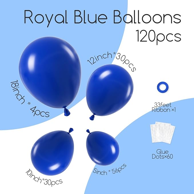 120pcs Royal Blue Balloon Arch Kit, 18 12 10 5 inch Royal Blue Latex Balloons Different Sizes Balloon Garland for Graduation Wedding Baseball Birthday Party Decorations
