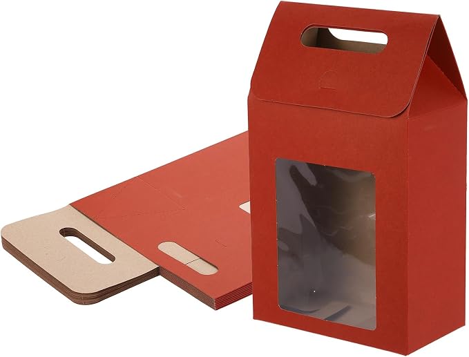 uxcell 8Pcs Gift Boxes, Favor Box with Clear Window and Handle, Stand Up Favor Treat Boxes for Candy, Cookies, Party Store, Packaging, Wedding, Dark Red