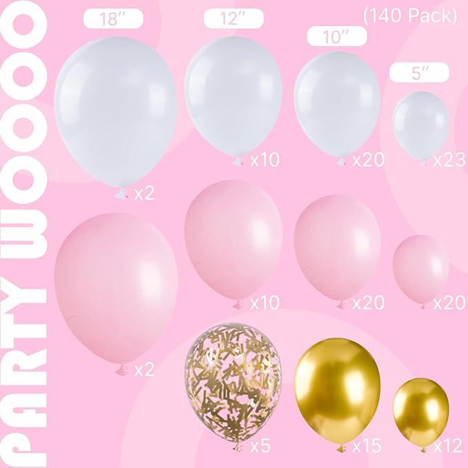 PartyWoo Pink and White Balloon Arch Kit Garland 140pcs Different Sizes of 18 12 10 5 Inch Light Pastel Baby Pink Metallic Gold Confetti White Balloons for Baby Shower Birthday Party Decorations