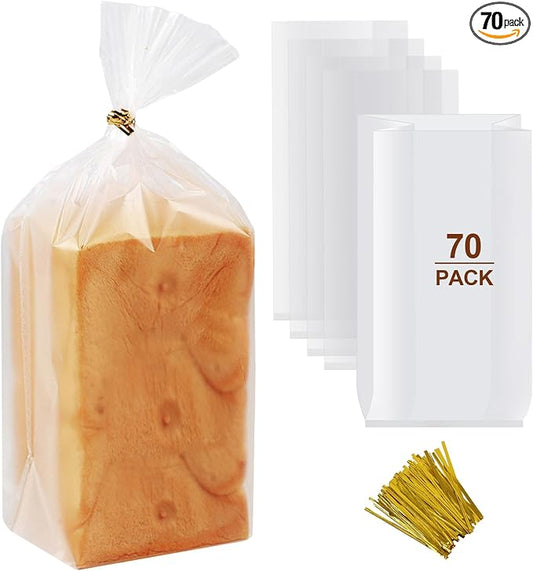 vivinin 70 Pack Bread Bags & 100 Pack Ties, 8" x 4" x 18" Clear Bread Bags for Homemade Bread, Reusable Plastic Bread Storage Bags for Bakers, Bakery Owners