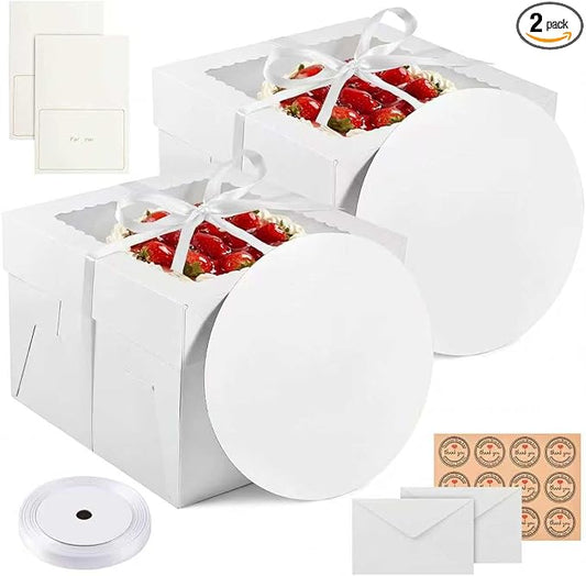 2 Pack 12 x 12 x 8 in Cake Boxes with Window & Cake Boards — Disposable Cake Carrier Boxes with Lid, Includes Stickers, Envelopes, Greeting Cards & Ribbon — Bakery Boxes for Cakes & Cupcakes