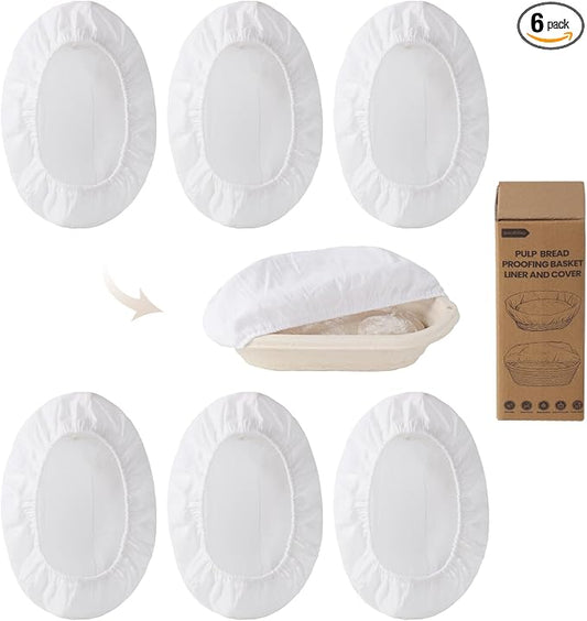 6 Pack Elastic Bread Proofing Basket Covers - Premium Linen & Cotton Liners for 12 inch Oval Sourdough Banneton, Non-Stick, Breathable Fermentation Cloth for Sourdough & Artisan Baking