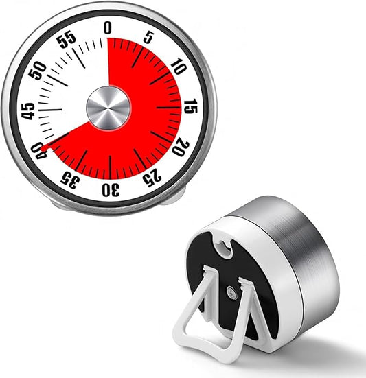 Mechanical Kitchen Timer, 60 Minute Wind Up Magnetic Visual Cooking Timer with Loud Alarm, Stainless Steel No Batteries Countdown Timer for Classroom, Office, Teacher (White Timer with Bracket)