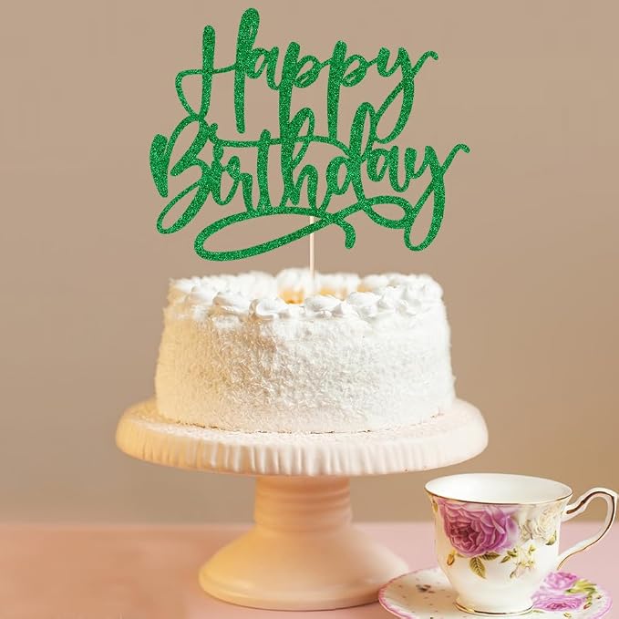 Kaoenla Happy Birthday Cake Topper, green Glitter For Anniversary & Birthday Cake Decoration