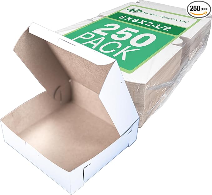 Southern Champion Tray 0933 Premium Clay Coated Kraft Paperboard White Non-Window Lock Corner Bakery Box, 8" Length x 8" Width x 2-1/2" Height (Case of 250)
