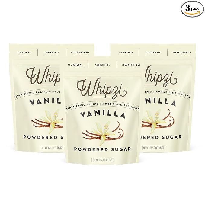 Whipzi Vanilla Flavored Powdered Sugar - Confectioners Sugar for Baking, Frosting, Royal Icing, Glazes, Coffee & Desserts - 1:1 Powdered Sugar Replacement - Gluten Free, Vegan Baking Sugar - 3 Pack