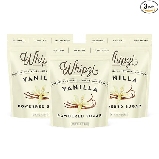 Whipzi Vanilla Flavored Powdered Sugar - Confectioners Sugar for Baking, Frosting, Royal Icing, Glazes, Coffee & Desserts - 1:1 Powdered Sugar Replacement - Gluten Free, Vegan Baking Sugar - 3 Pack