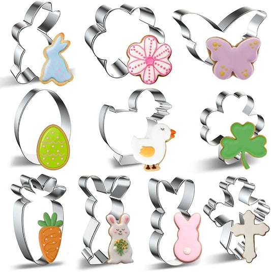 Easter Cookie Cutter Set - 10 pieces - Easter Bunny, Egg, Chick, Carrot, Rabbit, Bunny Face, Holy Cross, Leaf, Flower, Butterfly Shapes - Stainless Steel Biscuit Molds for Spring Holiday Baking