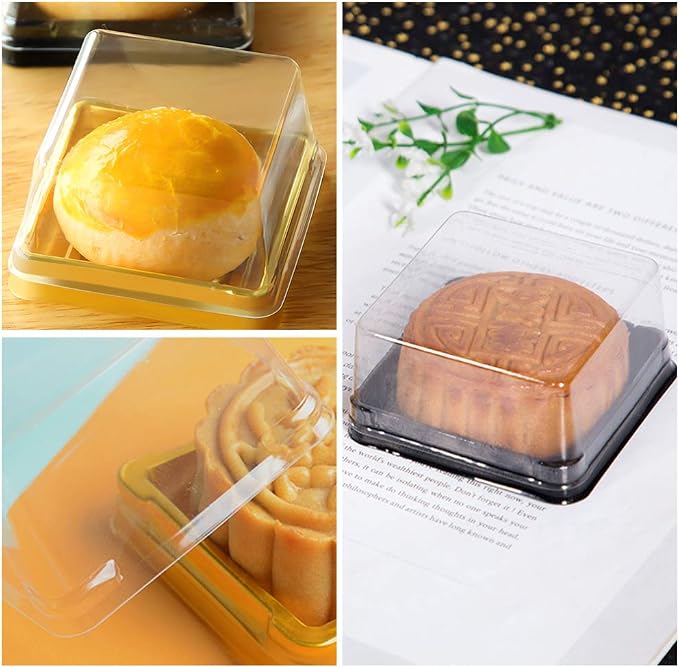 DOITOOL 100Pack Plastic Single Individual Cupcake Muffin Dome Holders, Moon Cake Box Stand, Mooncake Packaging Box with Covers, Cookies Muffins Dome Box Transparent Dessert Boxes- Golden ( 5. 7x5.