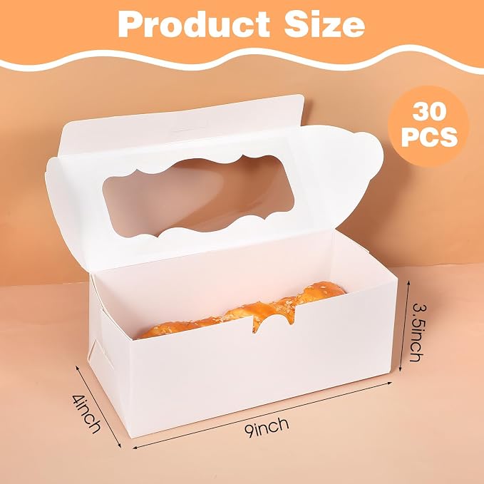30Pcs White Bakery Boxes with Window 9x4x3.5 Inch Cookie Boxes for Roll Cakes, Desserts, Muffins, Donuts, Candies, and Pastries, Perfect for Weddings, Parties, and Gifts