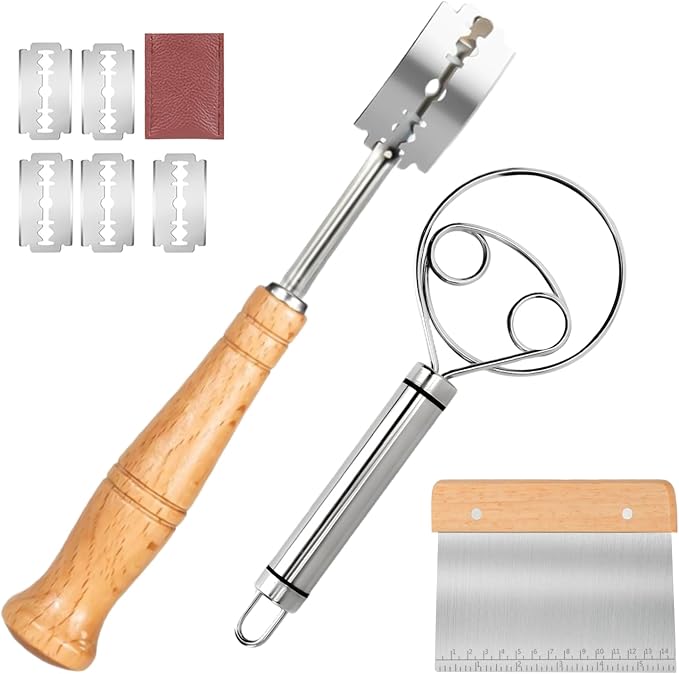 Hand Crafted Bread Lame Premium Sourdough Scoring Tool Bread Making Tools Set of 3 pieces Bread Knife(5 Blades) with Danish Dough Whisk and Dough Scraper Bread Cutter