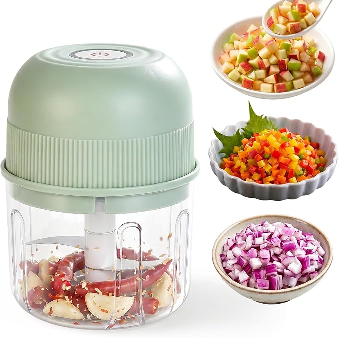 Electric Garlic Chopper, Mini Wireless Rechargeable Veggie Chopper with Stainless Steel Blades, Portable Food Processor for Onion Ginger Chili Meat, 260ml Small Kitchen Gadget (Light Green)