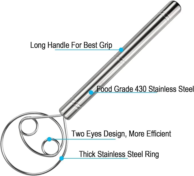 Large Danish Dough Whisk Bread Mixer, Premium Stainless Steel Dutch Whisk for Bread, Pastry or Pizza Dough - Perfect Baking Tool Alternative to a Blender, Mixer or Hook