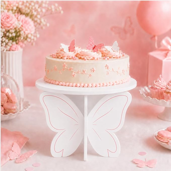 Pink White Butterfly Cake Stand, 3D PVC Dessert Display Stand for Birthday Party, Baby Shower, Wedding and Dessert Table Decor, Cake Holder for Cupcakes, Cakes and Sweets