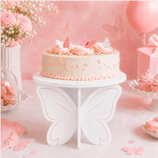 Pink White Butterfly Cake Stand, 3D PVC Dessert Display Stand for Birthday Party, Baby Shower, Wedding and Dessert Table Decor, Cake Holder for Cupcakes, Cakes and Sweets