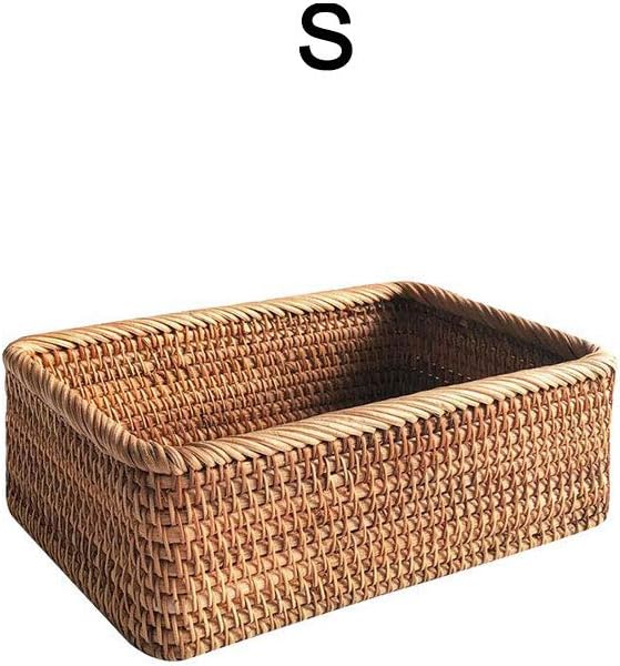 TITA-DONG Rattan Storage Baskets Rectangle Woven Bread Basket Rectangular Wicker Serving Organizer Tray Rattan Fruit Basket, Stackable Wicker Organizer for Kitchen Countertop Bathroom Living Room(S)