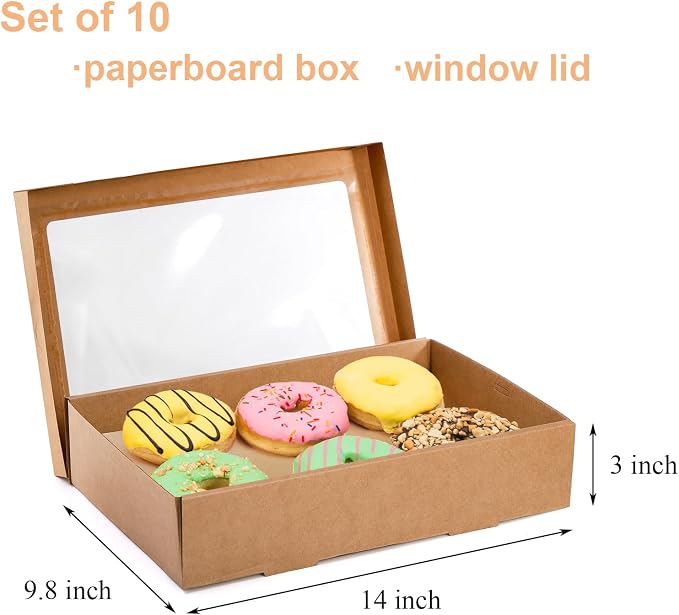 yarlung Set of 10 Kraft Bakery Box with Clear Window Lid, 14"x10"x3" Foldable Brown Paperboard Food Wrapping Tray with Greaseproof Paper for Cookies, Donuts, Pies, Picnic, Gift Packaging Ribbon