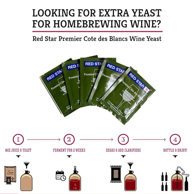 Craft A Brew - Red Star Premier Cote des Blancs Wine Yeast - Dry Wine Yeast - For Fruity & Aromatic White Wines, Hard Ciders - Ingredients for Home Fermenting - Wine Making Supplies - 5 Pack