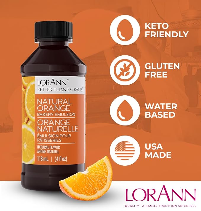LorAnn Oils Orange Bakery Emulsion: True Essence, Ideal for Boosting Fruit Tones in Cakes, Cookies & Desserts, Gluten-Free, Keto-Friendly, Extract Substitute Essential for Your Kitchen, 4 Oz