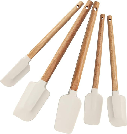 Uenhoy 5 Pack Silicone Spatula Set, Non-stick Wooden Handle Rubber Spatulas for Baking Cooking Frosting, 600°F Heat Resistant, Off White