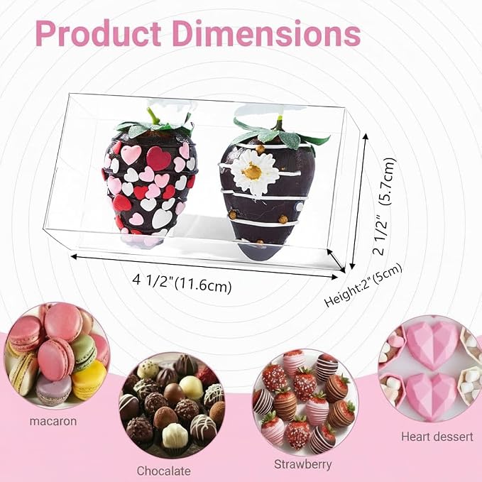 50 Pcs 4.5"x2.2"x2" Clear Chocolate Covered Strawberries Boxes for 2 Mini Cinnamon Roll Boxes for 4 Macaron Boxes for 4 Small Bakery Treat Box for Wedding Birthday Valentine Christmas Party