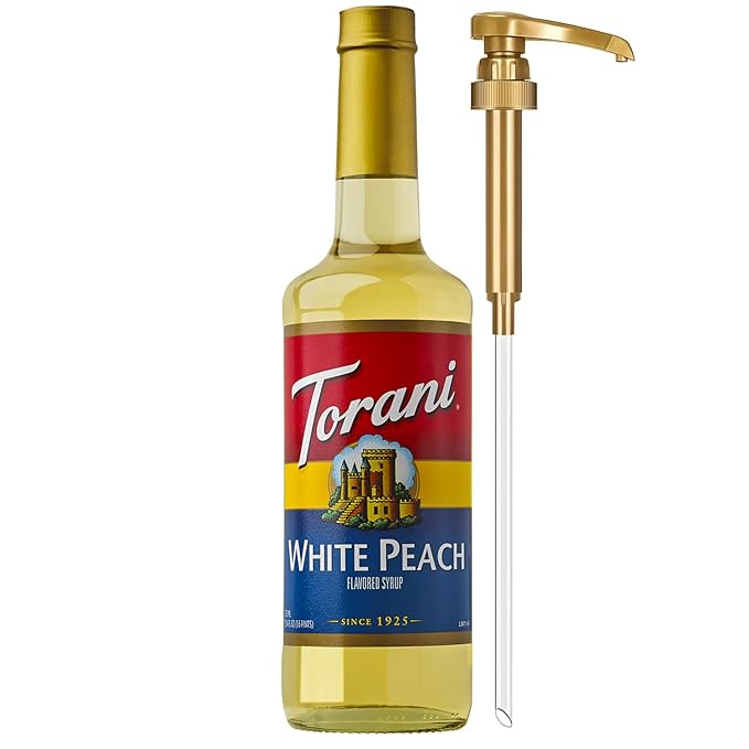 Torani Syrup, White Peach Flavoring for Drinks, Glass Bottle with Pump Included, 25.4 Fl Oz