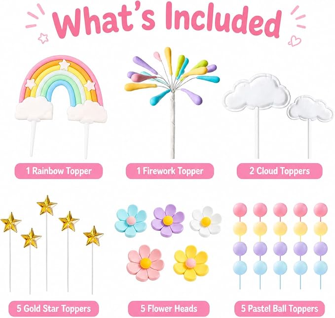 34Pcs Rainbow Cake Topper, Pastel Rainbow Cake Decorations with Daisy Flower Heads, Cloud, Gold Star, Firework & Ball Toppers for Birthday Cake Cupcake Party Decor