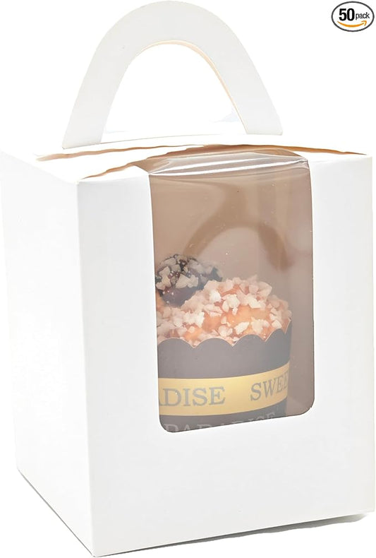 Individual Cupcake Boxes Bulk, 50 Pack Premium Single Cupcake Boxes with Clear Display Window, Food Grade White Cupcake Carrier Cupcake Container, Perfect for Cupcakes Muffins Cookies