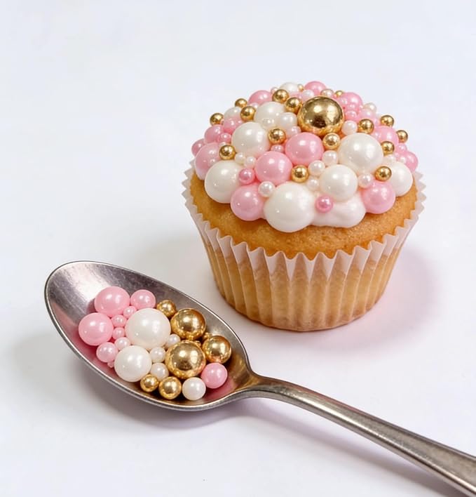 HeDeon&Rles Pink White Gold Pearls Sprinkles for Baking Decorating 90g/3.17oz 4 Size Mix Edible Pearls for Cake Cupcake Pancake Icing Decoration Independence Christmas Halloween Supplies