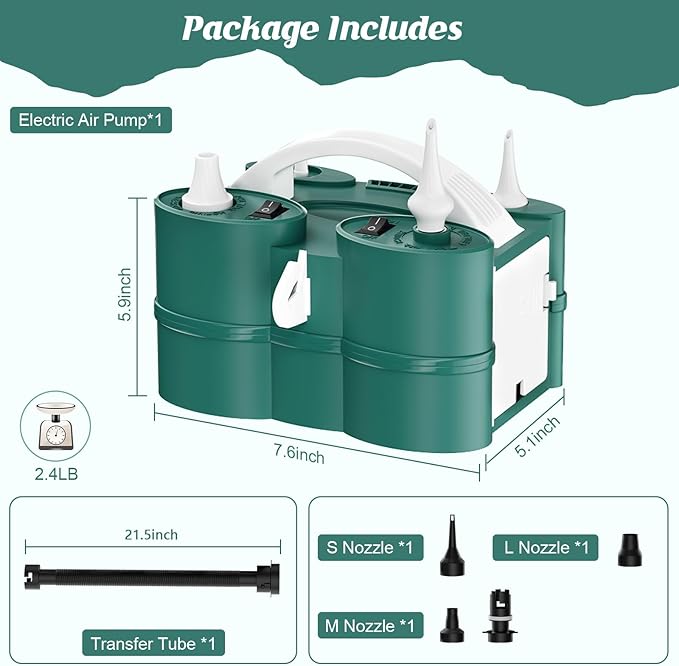 IDAODAN Electric Balloon Pump, Portable Electric Balloon Blower Machine Balloon Air Pump Dual Nozzle Rose Red 110V 600W Balloon Inflator for Party Decorations