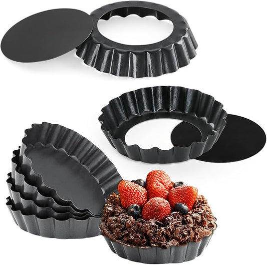 6 Pack Mini Tart Pans Non-Stick 4 Inch Quiche Pan with Removable Bottom Round, Heavy Duty Fluted Side Tart Pan for Pies, Mousse Cakes, Quiche Bakeware and Desserts
