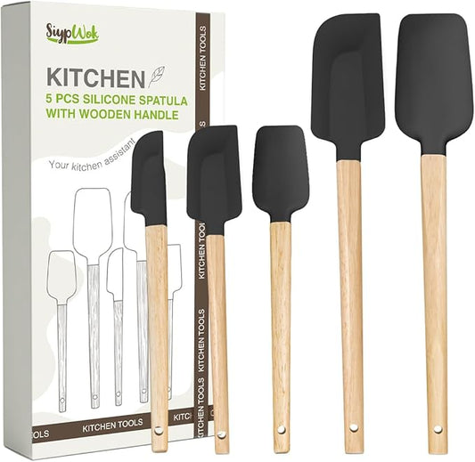 Silicone Spatula Set, Food Grade Rubber Spatula-5 Piece Nonstick Rubber Spatulas, Spoonula, Jar Scraper for Cooking, Baking, Mixing, Frosting - Heat Resistant Up to 600°F (5 Pcs Black)