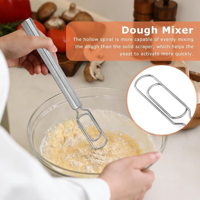 Danish Dough Whisk with 1 Scraper, 12" Stainless Steel Sourdough Mixer Tool for Sourdough Starter, Bread Whisk Tool for Pizza Bread Cake Mixing & Cooking(COLOR:Silver, white)