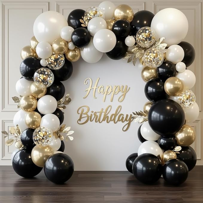 Black and Gold Balloon Arch Garland Kit 150pcs 2026 New Year's, Double Stuffed Pearl Sand White Black Chrome Gold Balloons Arch Kit for Graduation Father's Day Birthday Party Decoration