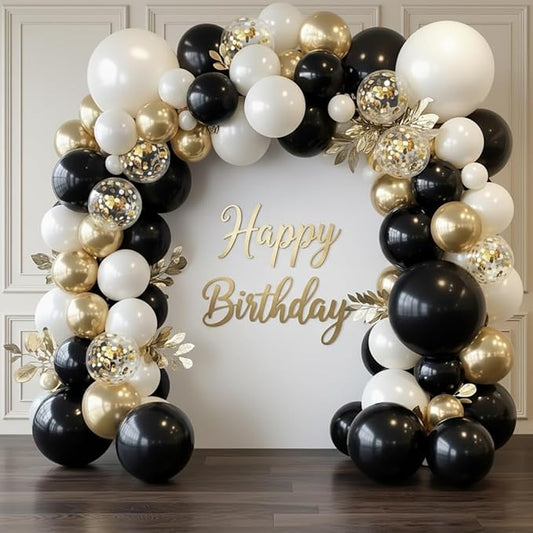 Black and Gold Balloon Arch Garland Kit 150pcs 2026 New Year's, Double Stuffed Pearl Sand White Black Chrome Gold Balloons Arch Kit for Graduation Father's Day Birthday Party Decoration