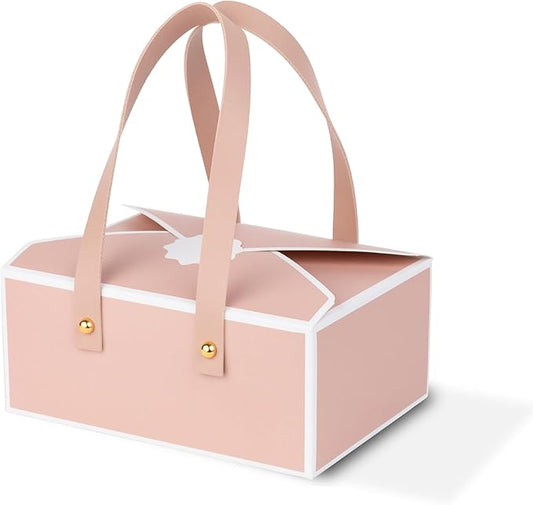 Hammont Cookie Boxes for Gift Giving - 4 Pack of Bakery Boxes, Easy to Assemble Decorative Cardboard Luxury Box with Faux Leather Handle Jewelry, Chocolate and Candy 5x7x3 Inches (Pink) (HM1781)