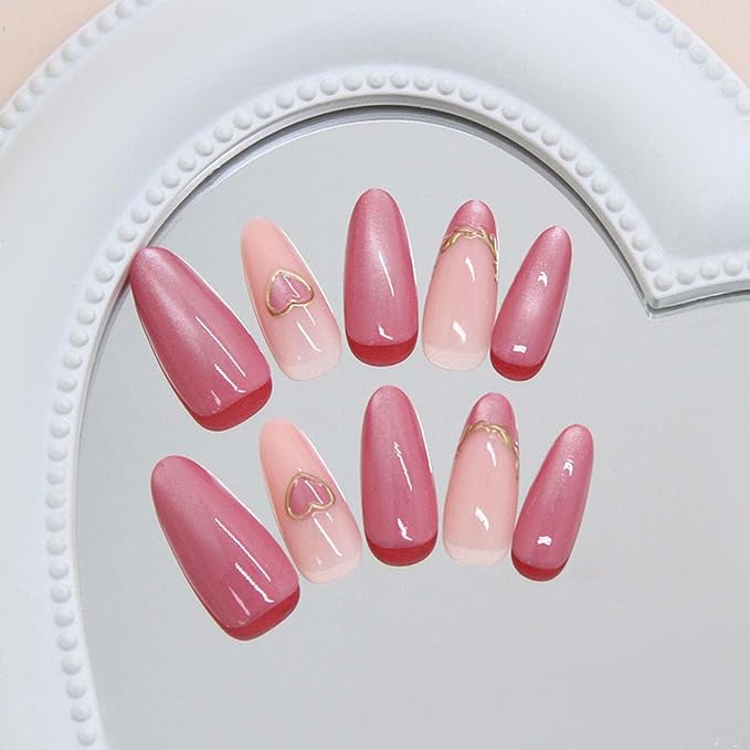 30Pcs Red Press on Nails Short Almond ZWENJIE Cat Eye Fake Nails Press ons Nail Tips Stick on Nails Glossy Acrylic Nails Kit French False Nails with Bow Design Nail Art for Women Glitter Manicure