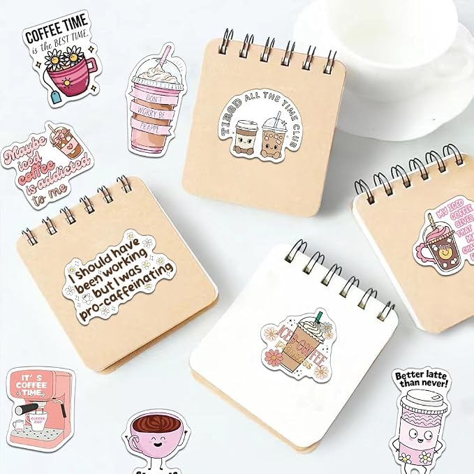 100 Pcs Coffee Lover Pink Stickers Funny Coffee Time Aesthetic Vinyl Waterproof Stickers for Water Bottles Cups Laptops Bike Car Luggage Skateboard