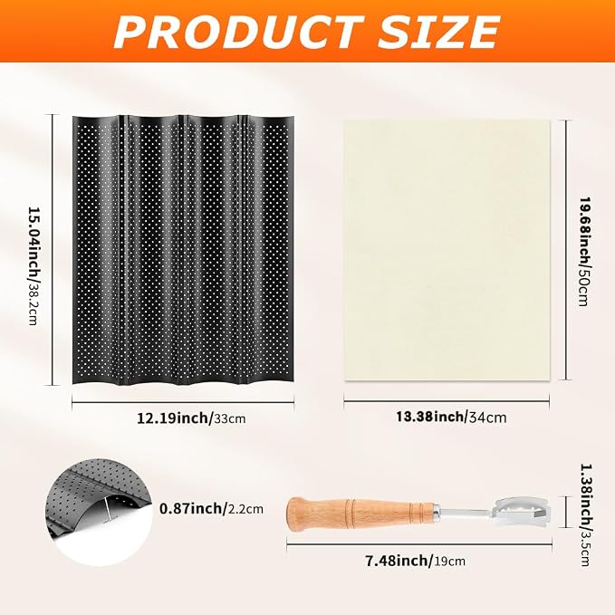 5 Pcs Baguett-e Bread Pan Set,Nonstick 4-Slot Perforated French Breads Baking Pans with Proofing Cloth,Dough Cutter Kit for Home Baker,Baguett-e Tray,15x12 Inch Black Bread Pan