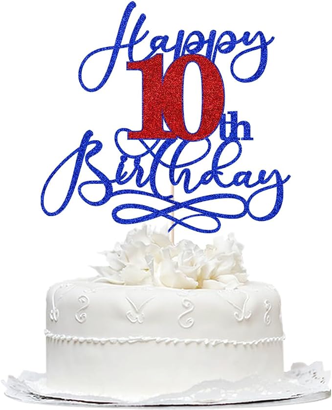 Happy 10th Birthday Cake Topper,Deep blue font red Numbers 10th Birthday Cake Decoration,Hello 10, Cheers to 10 Years/10th Anniversary,10& Fabulous Party Decoration