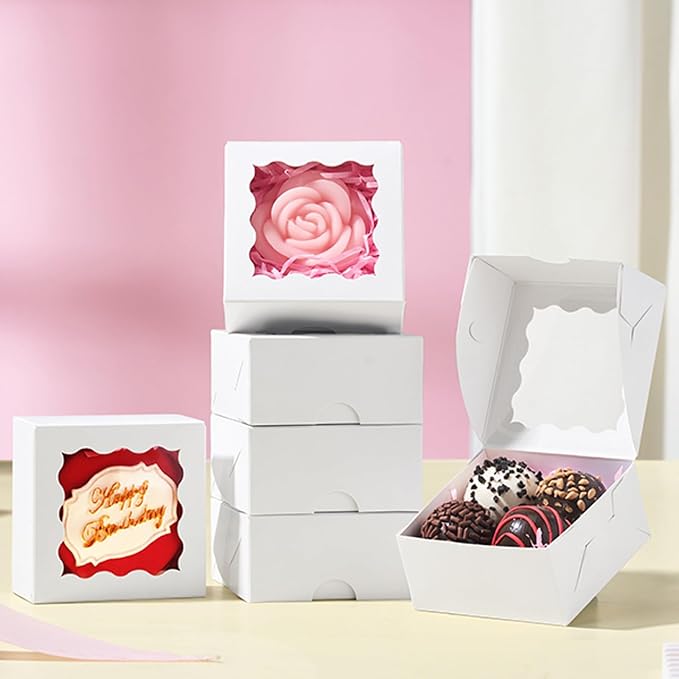 RomanticBaking 3x3x1.5Inches 100PCS Small Gift Boxes with Window for Cookie,Chocolate truffle,Chocolate Covered Strawberries Homemade Soap Boxes